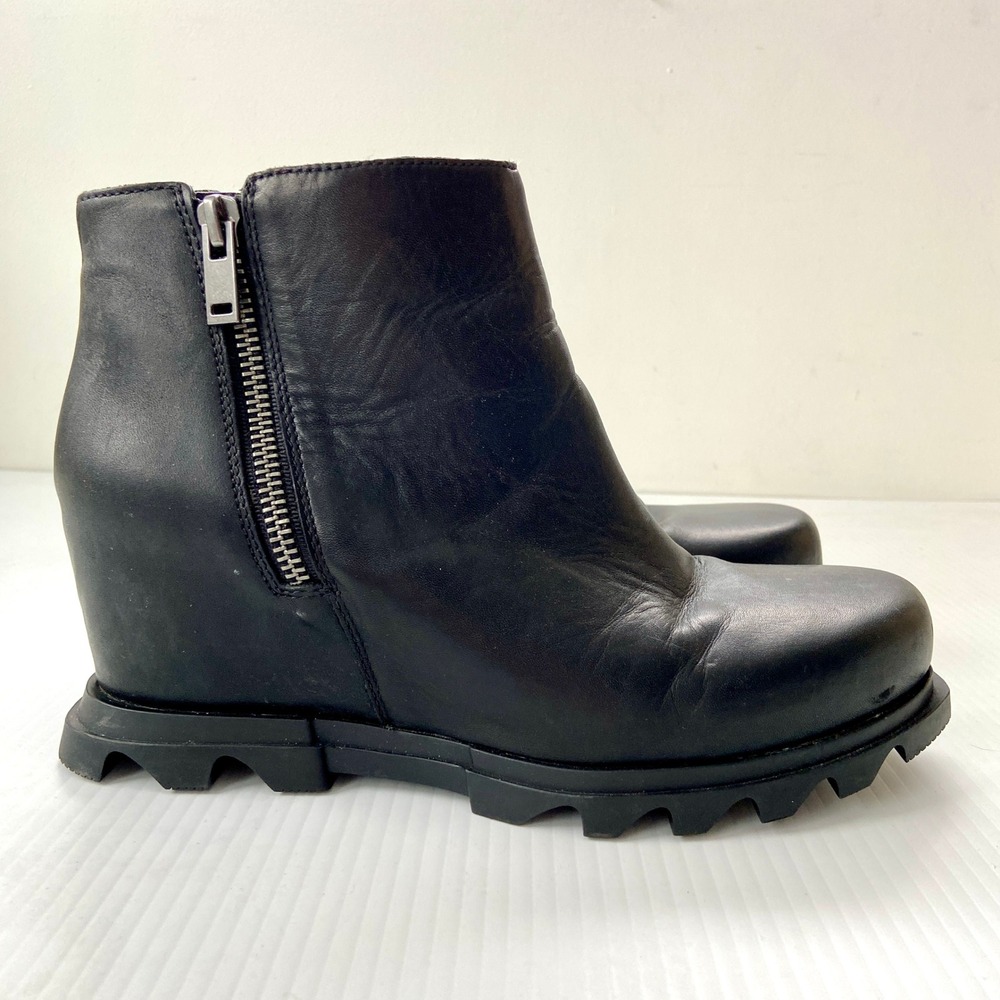 Sorel Joan of Arctic Wedge III Zip Bootie Black Leather Boots Womens 10.5